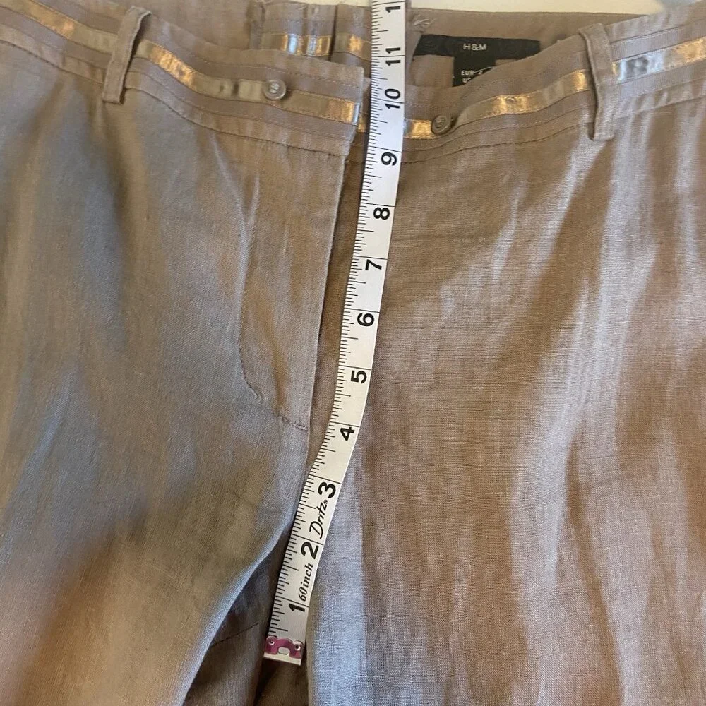 H&M Women’s Size 14 Pants 100% Linen Wide Leg Pockets‎ Mid Rise Tan Taupe Office